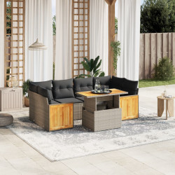 7 Pcs conjunto sofás p/ jardim c/ almofadões vime PE cinzento