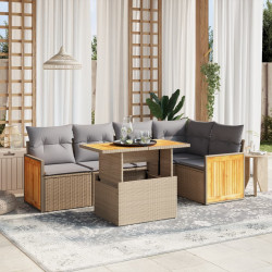 6 Pcs conjunto de sofás p/ jardim com almofadões vime PE bege