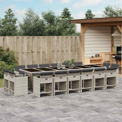 17 Pcs conj. jantar jardim c/ almofadões vime PE cinzento-claro