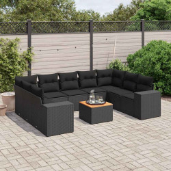 10 Pcs conjunto sofás de jardim c/ almofadões vime PE preto