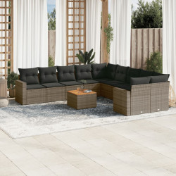 11 Pcs conjunto sofás de jardim c/ almofadões vime PE cinzento