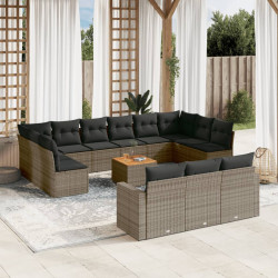 14 Pcs conjunto sofás p/ jardim c/ almofadões vime PE cinzento