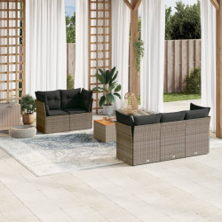 6 Pcs conjunto sofás de jardim com almofadões vime cinzento