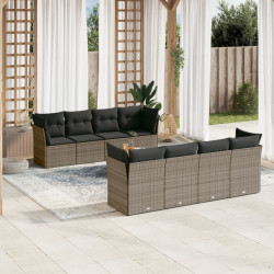 9 Pcs conjunto sofás p/ jardim com almofadões vime PE cinzento