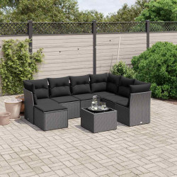 8 Pcs conjunto sofás de jardim com almofadões vime PE preto