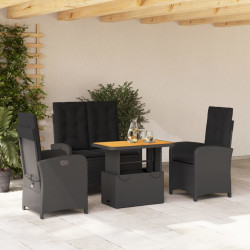 4 Pcs conjunto de jardim p/ jardim c/ almofadões vime PE preto