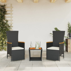 3 Pcs conjunto de jantar p/ jardim c/ almofadões vime PE preto
