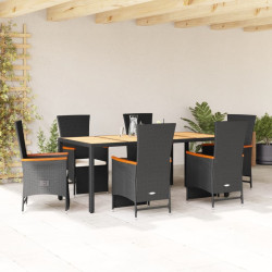 7 Pcs conjunto de jantar p/ jardim c/ almofadões vime PE preto