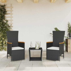 3 Pcs conjunto de jantar p/ jardim c/ almofadões vime PE preto