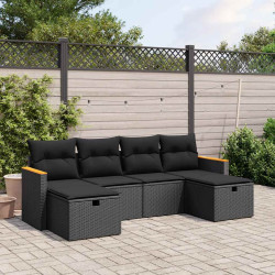 6 Pcs conjunto sofás de jardim c/ almofadões vime PE preto