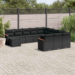 12 Pcs conjunto de sofás de jardim c/ almofadões vime PE preto