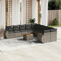 11 Pcs conjunto sofás de jardim c/ almofadões vime PE cinzento