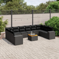 11 Pcs conjunto sofás de jardim c/ almofadões vime PE preto