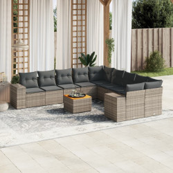 11 Pcs conjunto sofás de jardim c/ almofadões vime PE cinzento