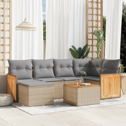 7 Pcs conjunto de sofás p/ jardim com almofadões vime PE bege