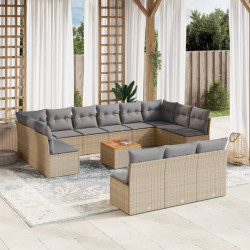 14 Pcs conj. sofás jardim c/ almofadões vime PE bege misturado