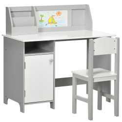 Conjunto de mesa e cadeira infantil de madeira com quadro branco mesa de estudo para crianças acima de 5 anos 90x45x85cm cinza