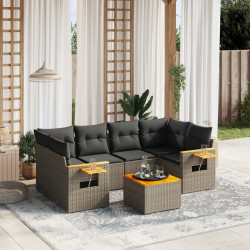 7 Pcs conjunto sofás p/ jardim c/ almofadões vime PE cinzento