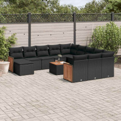 13 Pcs conjunto de sofás de jardim com almofadões vime PE preto