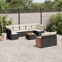 10 Pcs conjunto sofás de jardim c/ almofadões vime PE preto