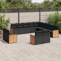 13 Pcs conjunto de sofás de jardim com almofadões vime PE preto