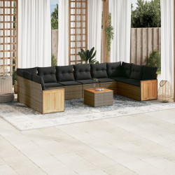 11 Pcs conjunto sofás de jardim c/ almofadões vime PE cinzento