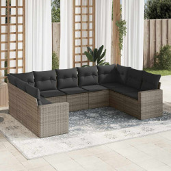 9 Pcs conjunto sofás p/ jardim com almofadões vime PE cinzento