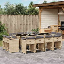 13 Pcs conj. jantar jardim c/ almofadões vime PE bege misturado