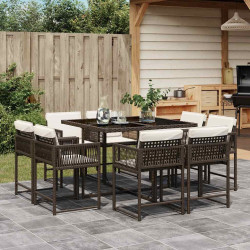 9 Pcs conjunto jantar p/ jardim c/ almofadões vime PE castanho