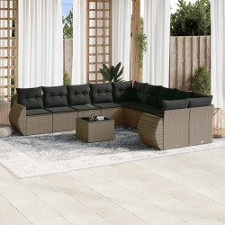 11 Pcs conjunto sofás de jardim c/ almofadões vime PE cinzento