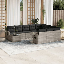 11 Pcs conjunto sofás de jardim c/ almofadões vime PE cinzento