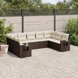 9 Pcs conjunto sofás p/ jardim c/ almofadões vime PE castanho