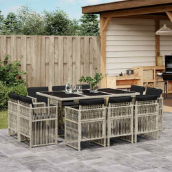 11 Pcs conjunto jantar p/ jardim c/ almofadões vime PE cinzento