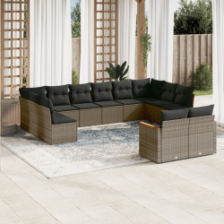 12 Pcs conjunto de sofás jardim c/ almofadões vime PE cinzento