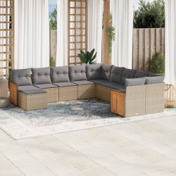 11 Pcs conjunto sofás de jardim c/ almofadões vime PE bege
