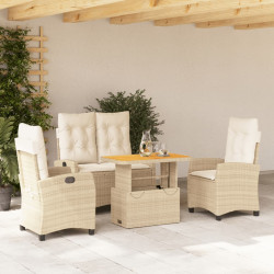 4 Pcs conjunto de jantar p/ jardim c/ almofadões vime PE bege