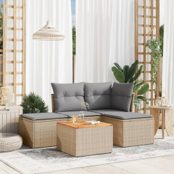 5 Pcs conj. sofás jardim c/ almofadões vime PE bege misturado