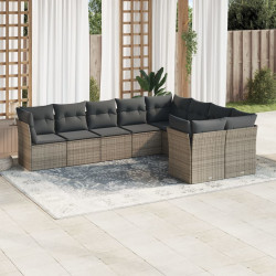 9 Pcs conjunto sofás p/ jardim com almofadões vime PE cinzento