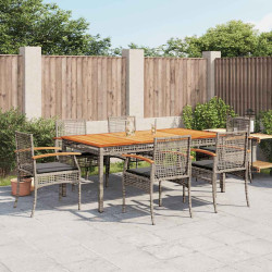 7 Pcs conjunto de jantar p/ jardim c/ almofadões vime PE cinza
