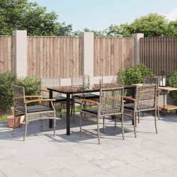 7 Pcs conjunto de jantar p/ jardim c/ almofadões vime PE cinza