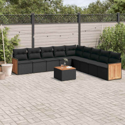 10 Pcs conjunto sofás de jardim c/ almofadões vime PE preto