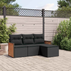4 Pcs conjunto de sofás para jardim c/ almofadões vime PE preto