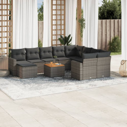 11 Pcs conjunto sofás de jardim c/ almofadões vime PE cinzento