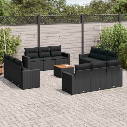 13 Pcs conjunto de sofás de jardim com almofadões vime PE preto