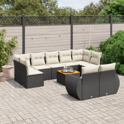 10 Pcs conjunto sofás de jardim c/ almofadões vime PE preto