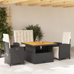 4 Pcs conjunto de jardim p/ jardim c/ almofadões vime PE preto
