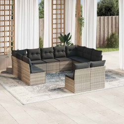 11 Pcs conjunto sofás de jardim c/ almofadões vime PE cinzento