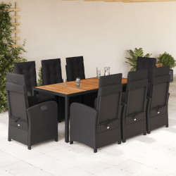 9 Pcs conjunto de jantar p/ jardim c/ almofadões vime PE preto