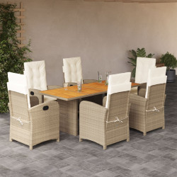 7 Pcs conj. jantar jardim c/ almofadões vime PE bege misturado