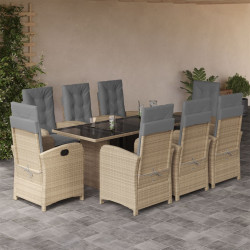 9 Pcs conj. jantar jardim c/ almofadões vime PE bege misturado
